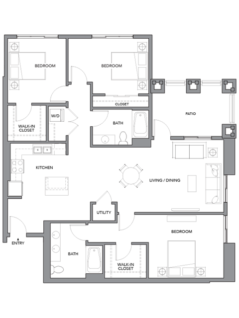 Floor plan for 3 beds, 2 baths, 1461 sqft